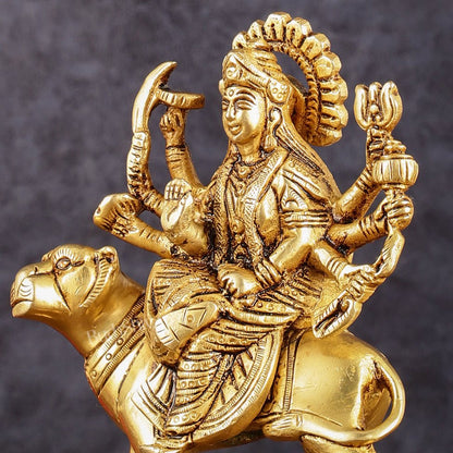Brass Goddess Durga Seated on Tiger Idol - 5 Inch