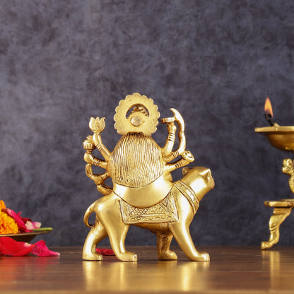 Brass Goddess Durga Seated on Tiger Idol - 5 Inch