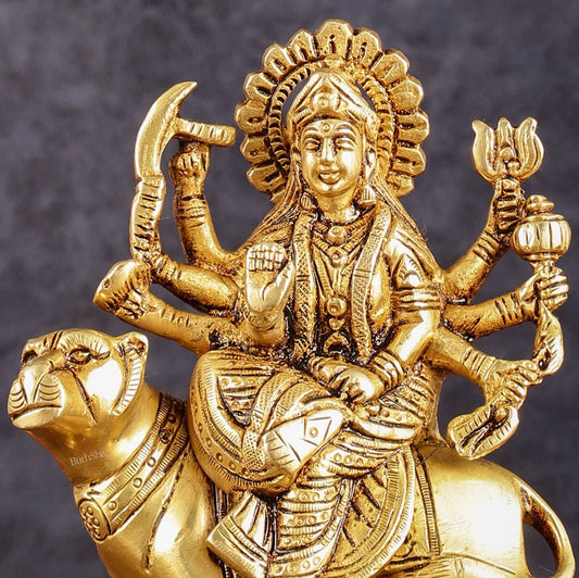 Brass Goddess Durga Seated on Tiger Idol - 5 Inch