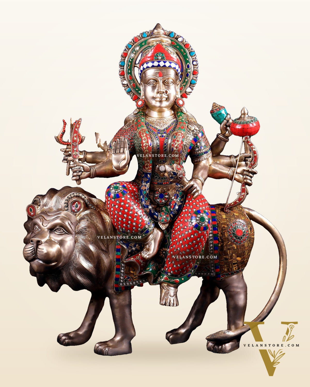 Brass Goddess Durga Sherawali Mata Idol | 31" meenakari Stonework