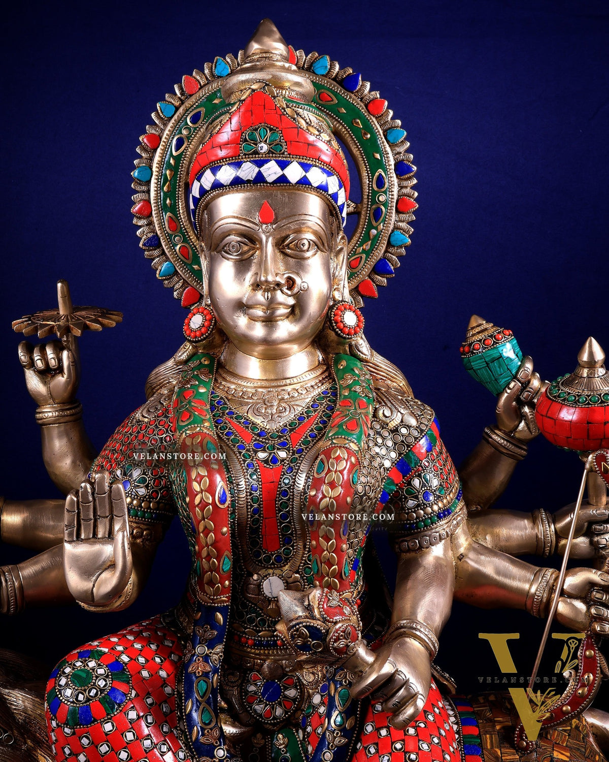 Brass Goddess Durga Sherawali Mata Idol | 31" meenakari Stonework