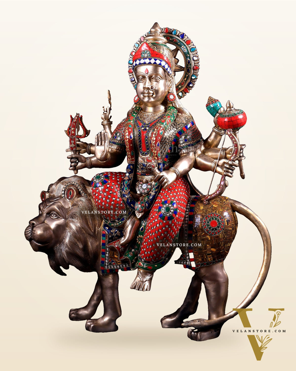 Brass Goddess Durga Sherawali Mata Idol | 31" meenakari Stonework
