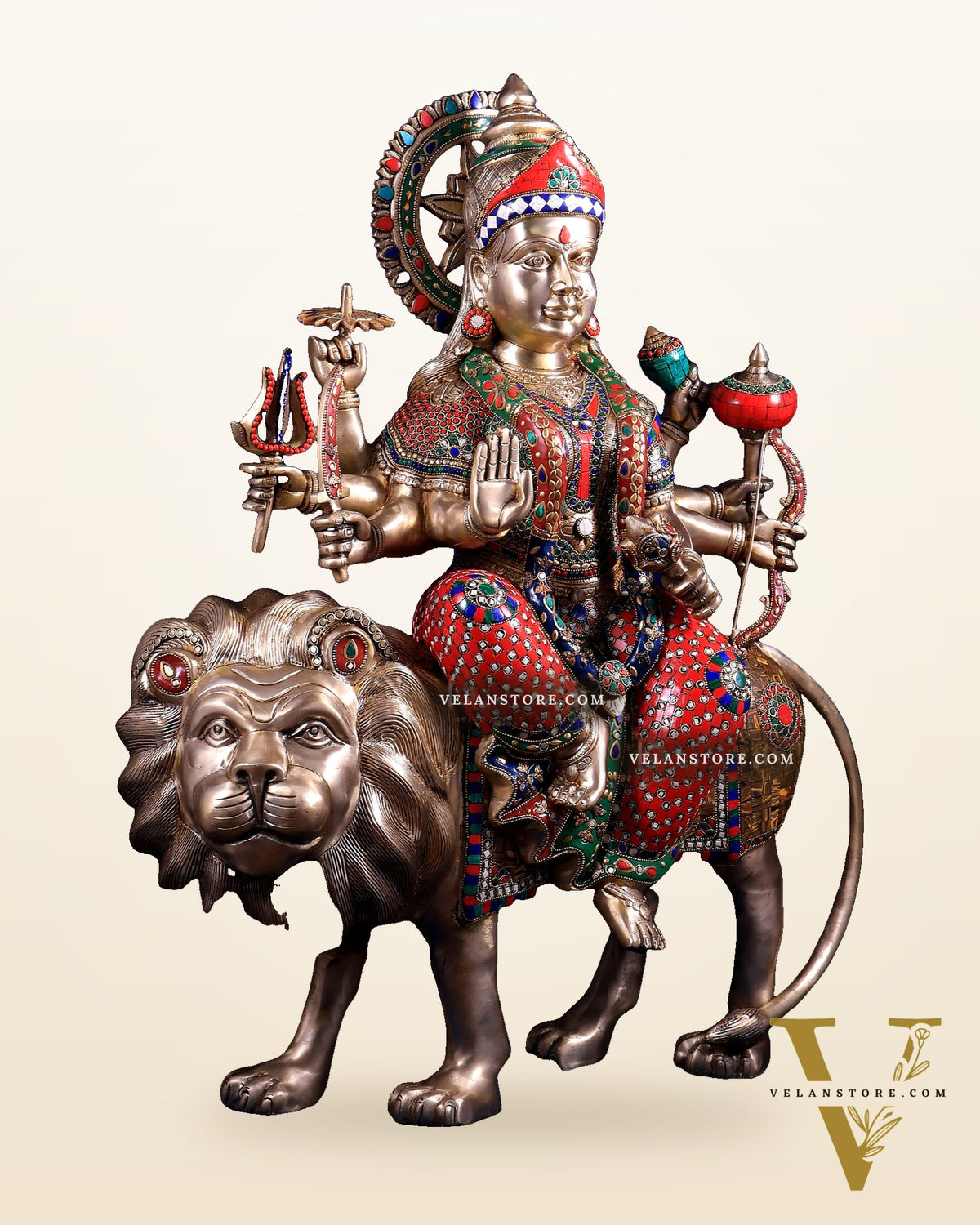 Brass Goddess Durga Sherawali Mata Idol | 31" meenakari Stonework