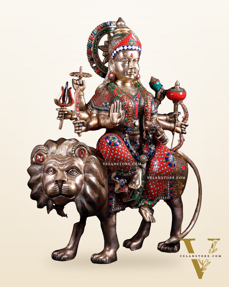 Brass Goddess Durga Sherawali Mata Idol | 31" meenakari Stonework