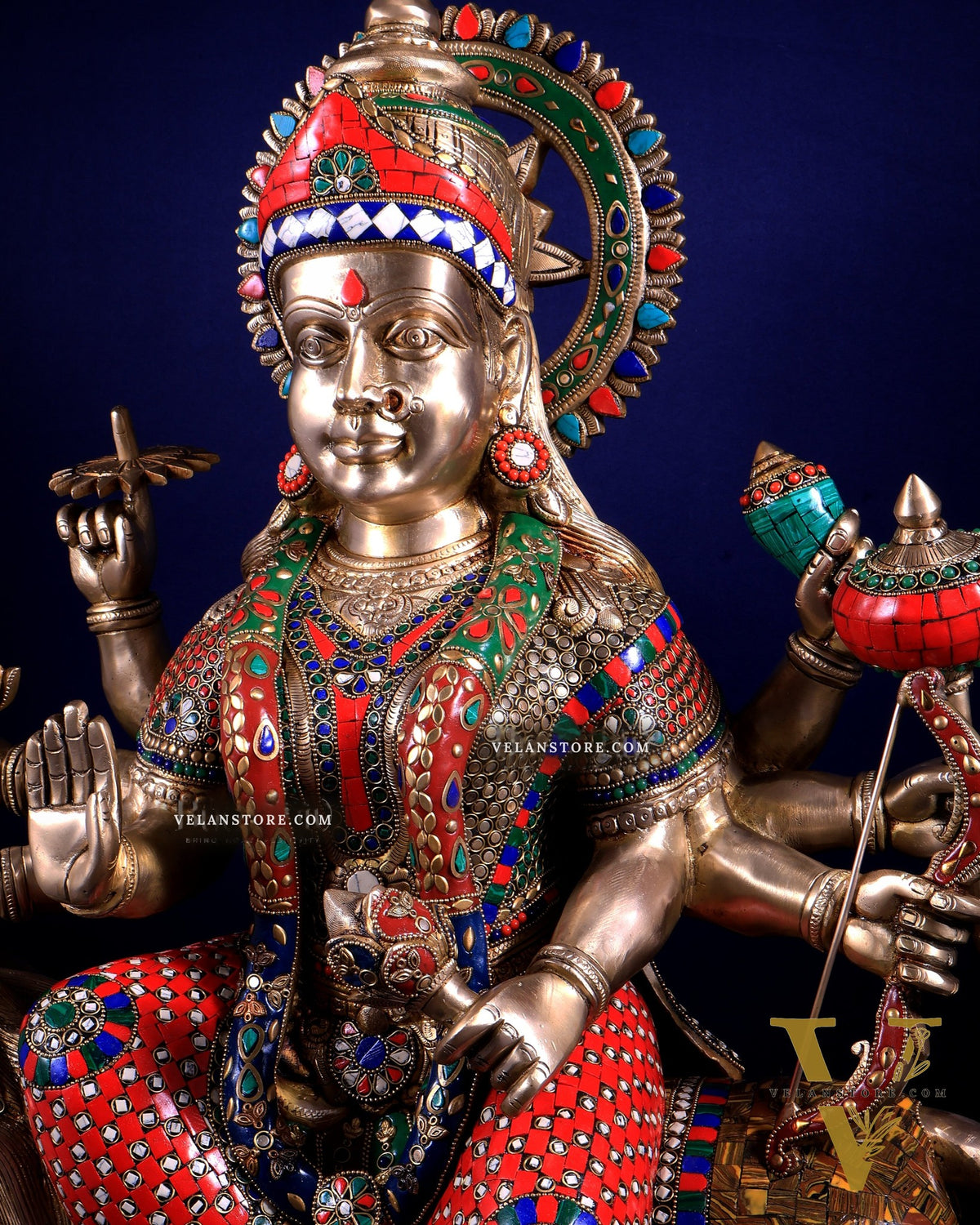 Brass Goddess Durga Sherawali Mata Idol | 31" meenakari Stonework