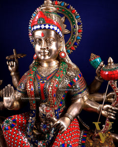Brass Goddess Durga Sherawali Mata Idol | 31" meenakari Stonework