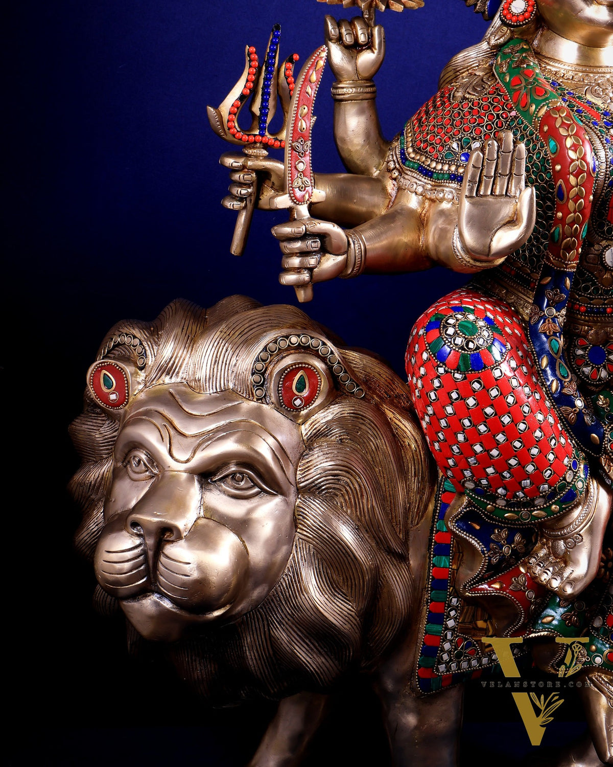 Brass Goddess Durga Sherawali Mata Idol | 31" meenakari Stonework