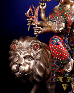 Brass Goddess Durga Sherawali Mata Idol | 31" meenakari Stonework