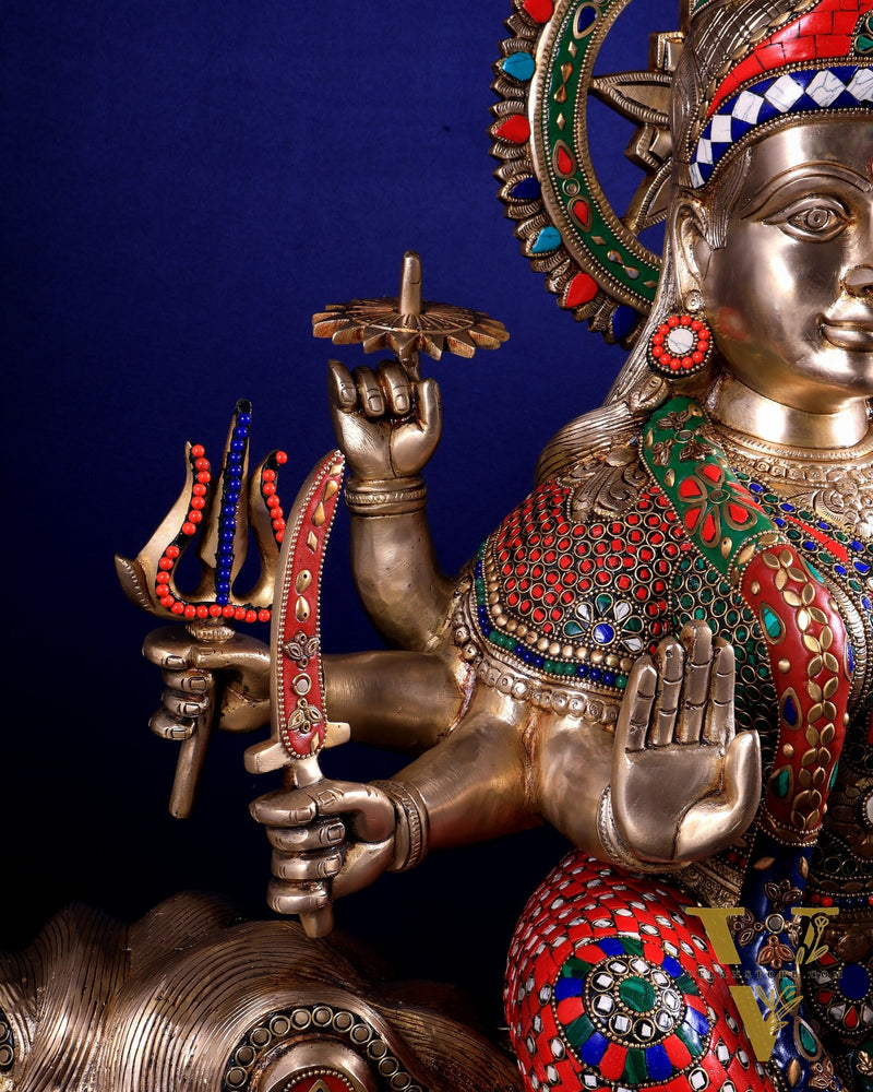 Brass Goddess Durga Sherawali Mata Idol | 31" meenakari Stonework