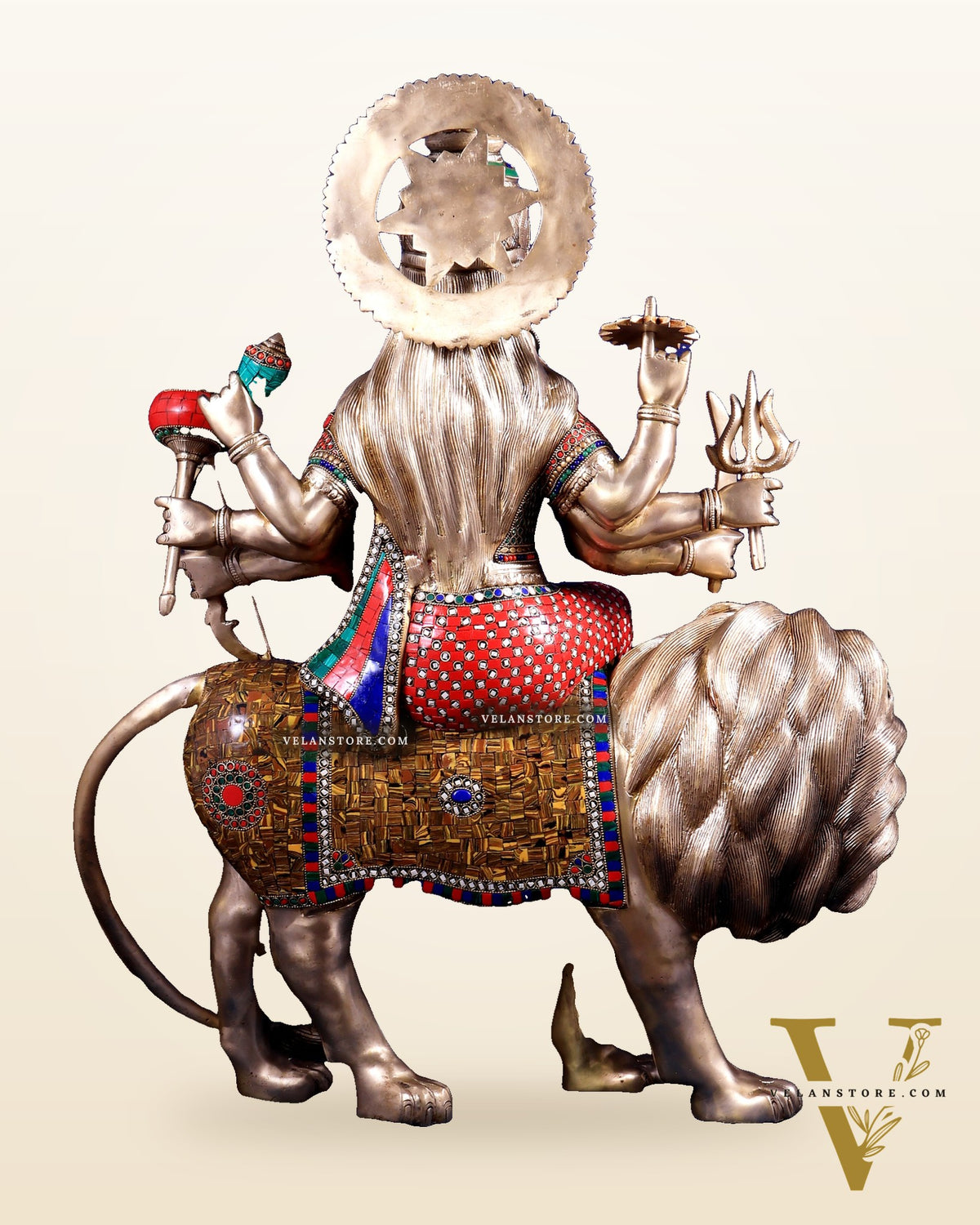 Brass Goddess Durga Sherawali Mata Idol | 31" meenakari Stonework