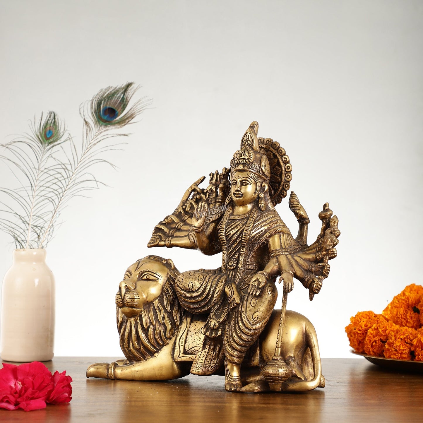 Brass Goddess Durga with Eighteen Arms with sitting Lion Idol - 12 Inch