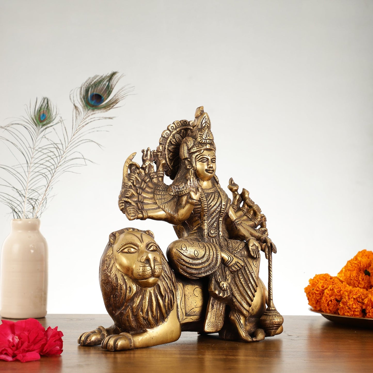 Brass Goddess Durga with Eighteen Arms with sitting Lion Idol - 12 Inch