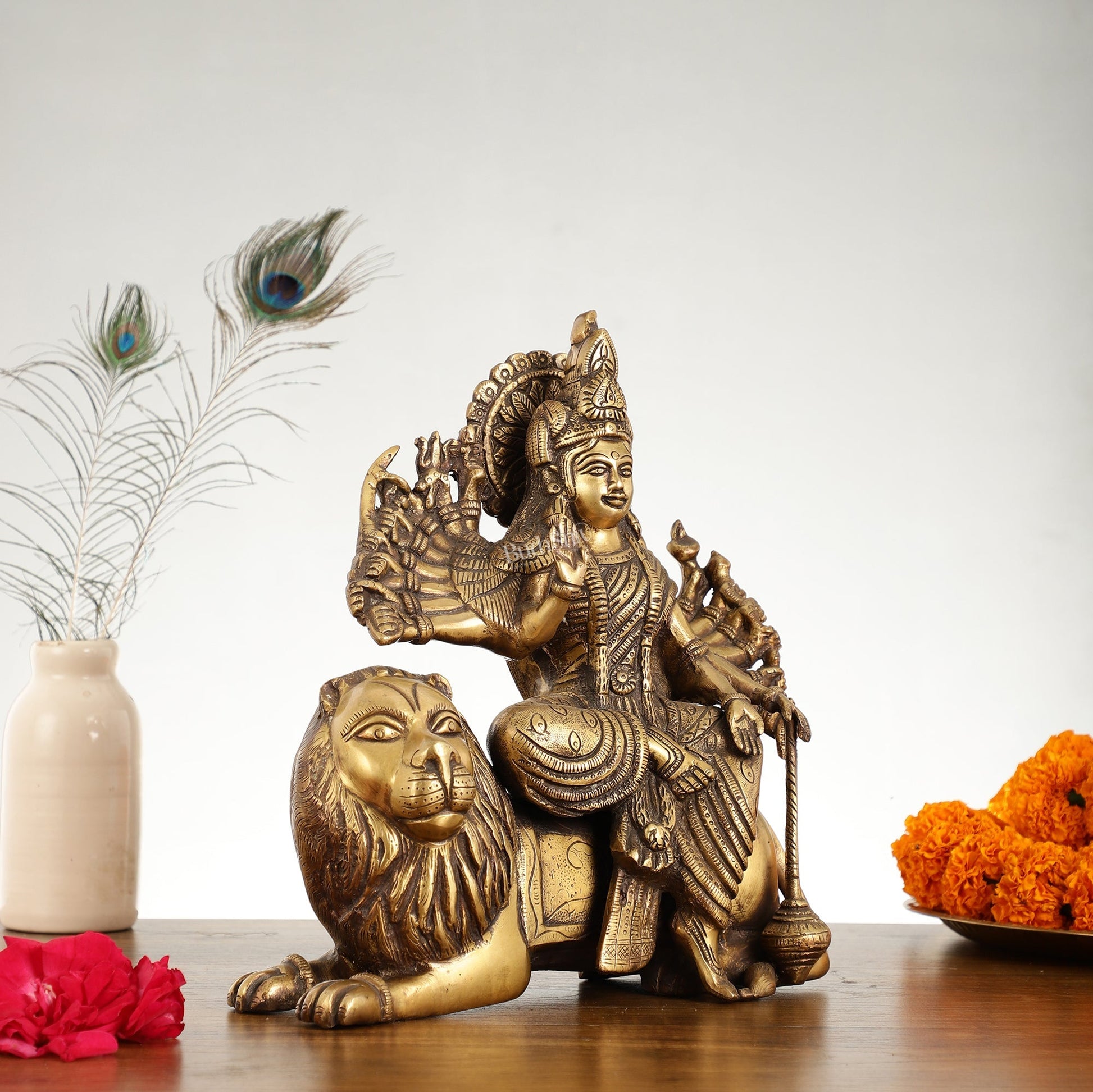 Brass Goddess Durga with Eighteen Arms with sitting Lion Idol - 12 Inch