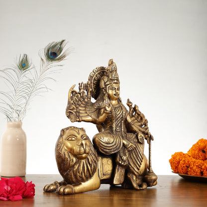 Brass Goddess Durga with Eighteen Arms with sitting Lion Idol - 12 Inch