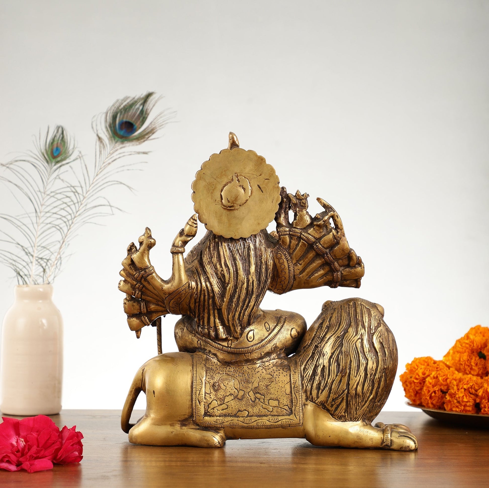 Brass Goddess Durga with Eighteen Arms with sitting Lion Idol - 12 Inch