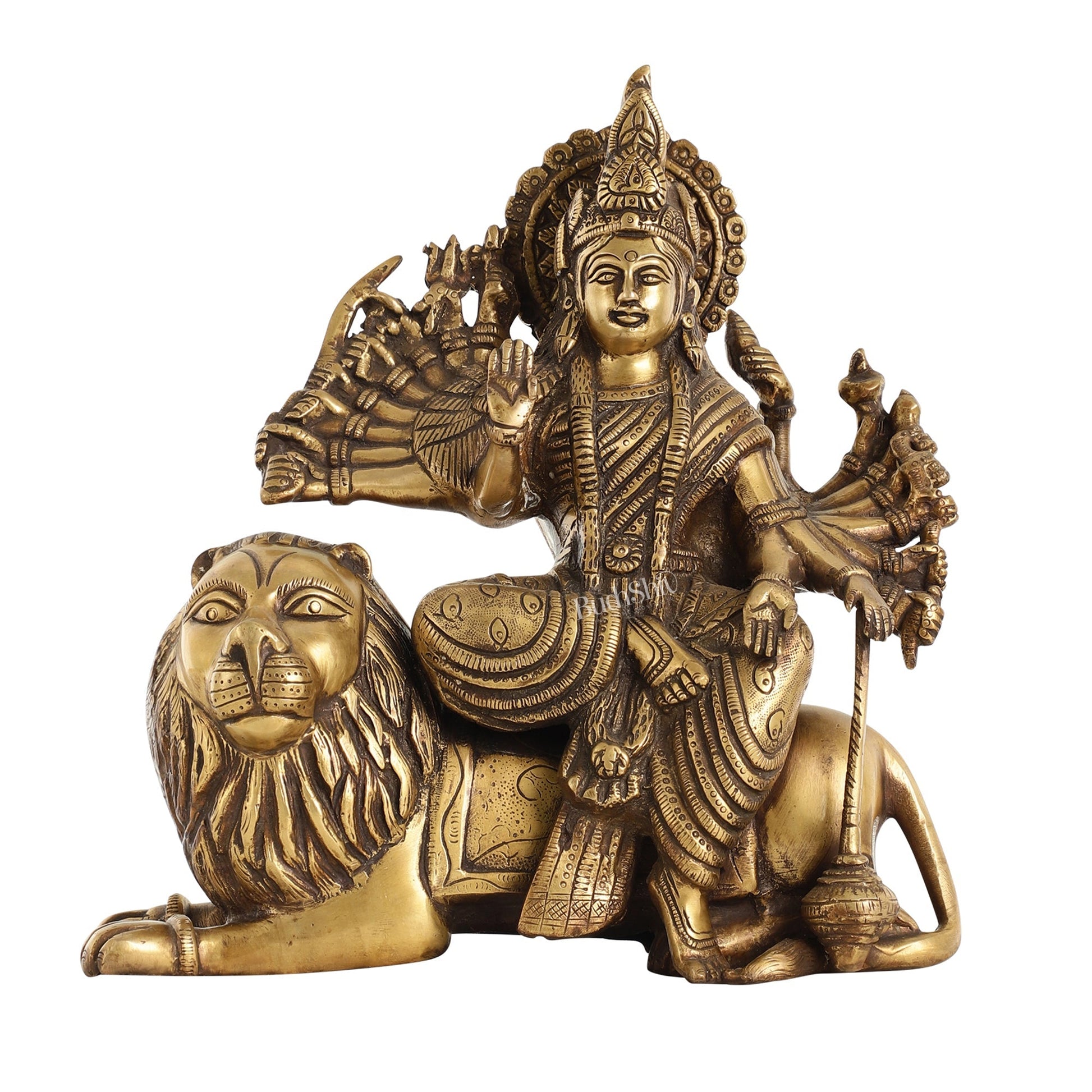 Brass Goddess Durga with Eighteen Arms with sitting Lion Idol - 12 Inch