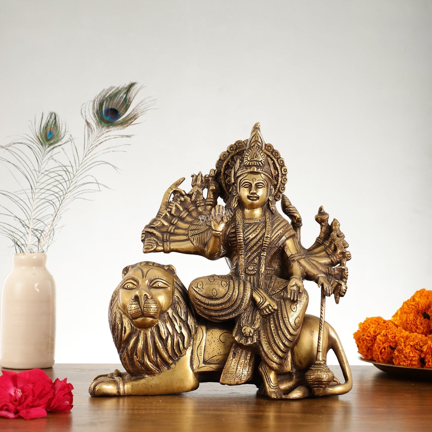 Brass Goddess Durga with Eighteen Arms with sitting Lion Idol - 12 Inch