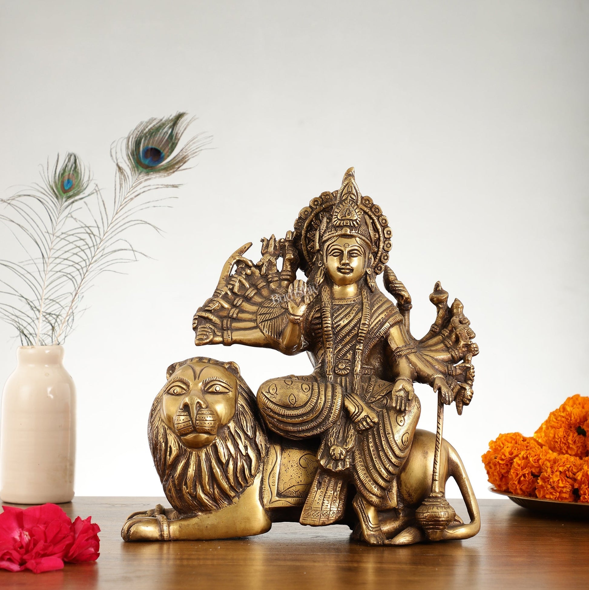 Brass Goddess Durga with Eighteen Arms with sitting Lion Idol - 12 Inch