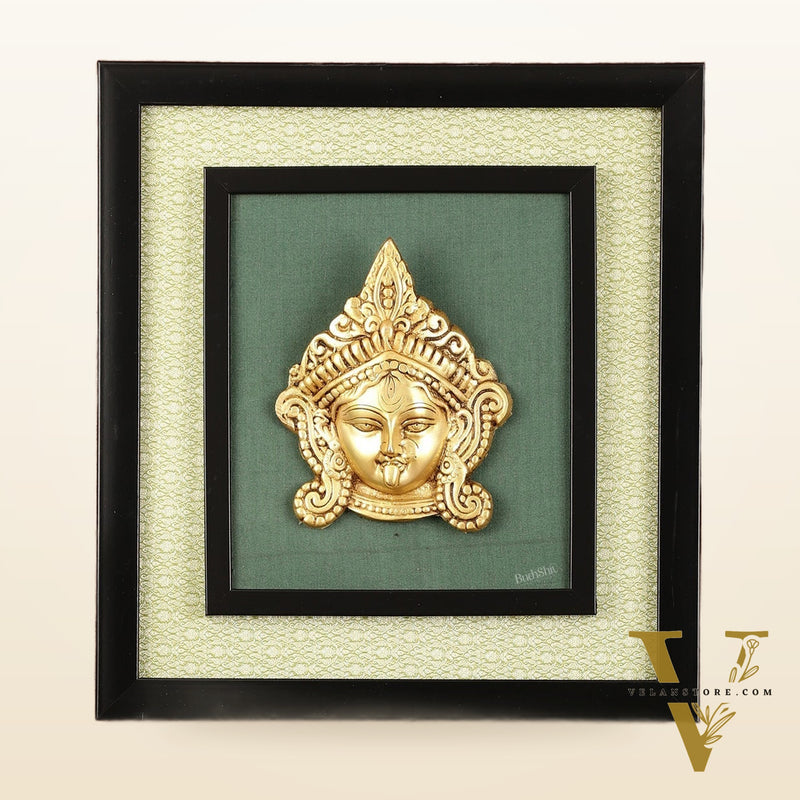 Brass Goddess Kali Face Hanging on Wooden Frame with Premium Fabric - 13.5" x 14.5"