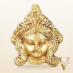 Brass Goddess Kali Face Hanging on Wooden Frame with Premium Fabric - 13.5" x 14.5"