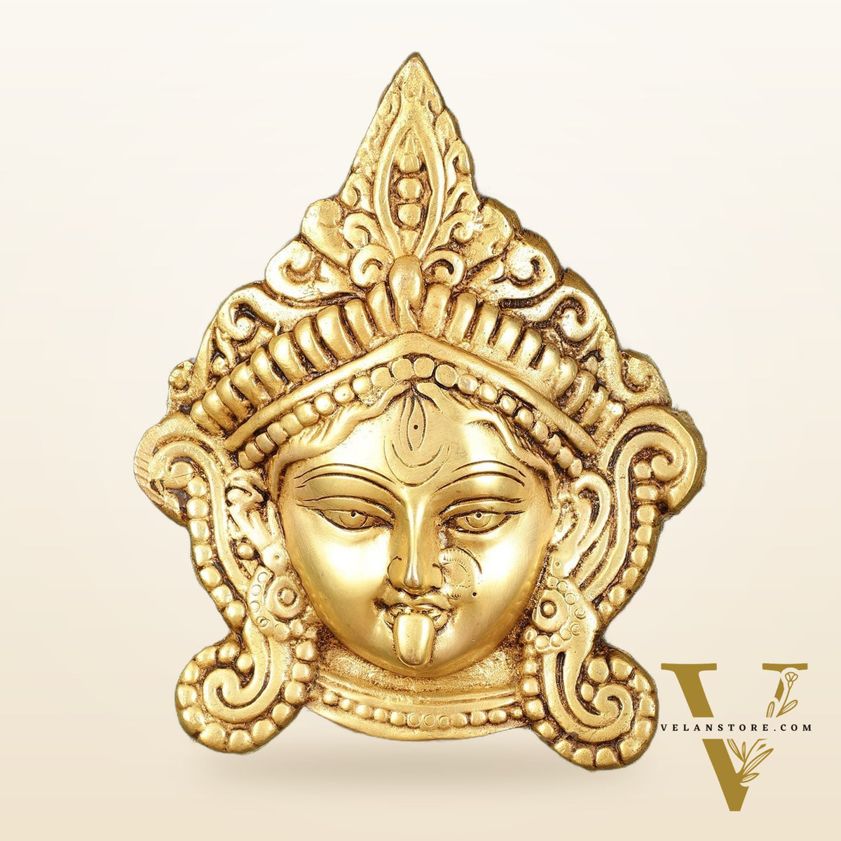 Brass Goddess Kali Face Hanging on Wooden Frame with Premium Fabric - 13.5" x 14.5"