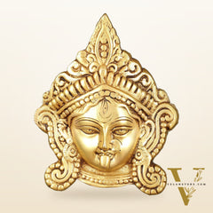 Brass Goddess Kali Face Hanging on Wooden Frame with Premium Fabric - 13.5" x 14.5"