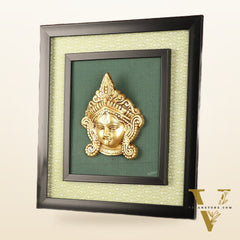 Brass Goddess Kali Face Hanging on Wooden Frame with Premium Fabric - 13.5" x 14.5"