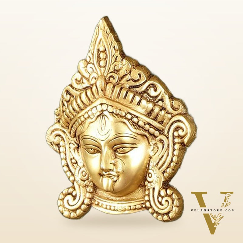 Brass Goddess Kali Face Hanging on Wooden Frame with Premium Fabric - 13.5" x 14.5"