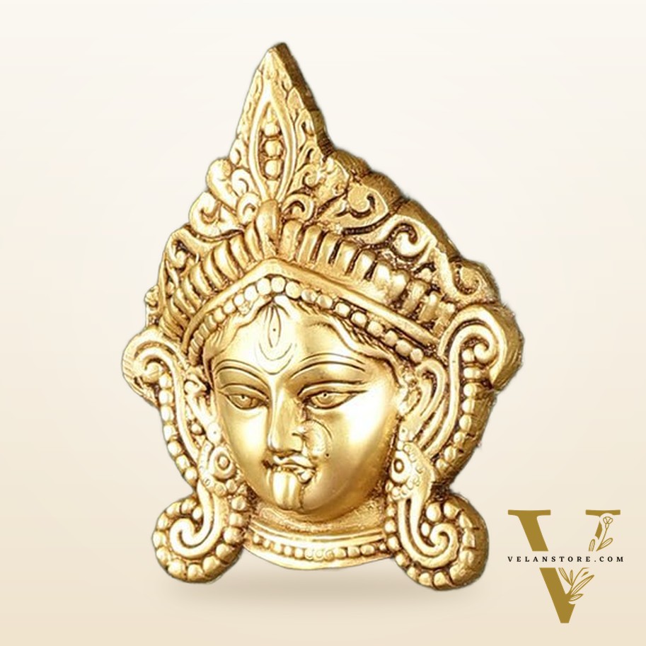 Brass Goddess Kali Face Hanging on Wooden Frame with Premium Fabric - 13.5" x 14.5"