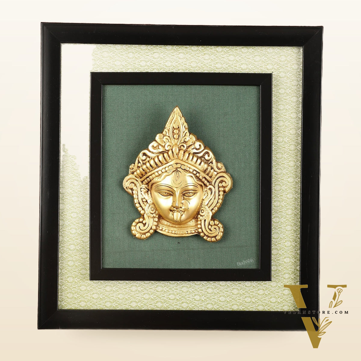 Brass Goddess Kali Face Hanging on Wooden Frame with Premium Fabric - 13.5" x 14.5"