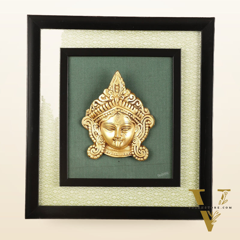 Brass Goddess Kali Face Hanging on Wooden Frame with Premium Fabric - 13.5" x 14.5"
