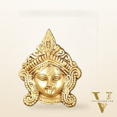 Brass Goddess Kali Face Hanging on Wooden Frame with Premium Fabric - 13.5" x 14.5"