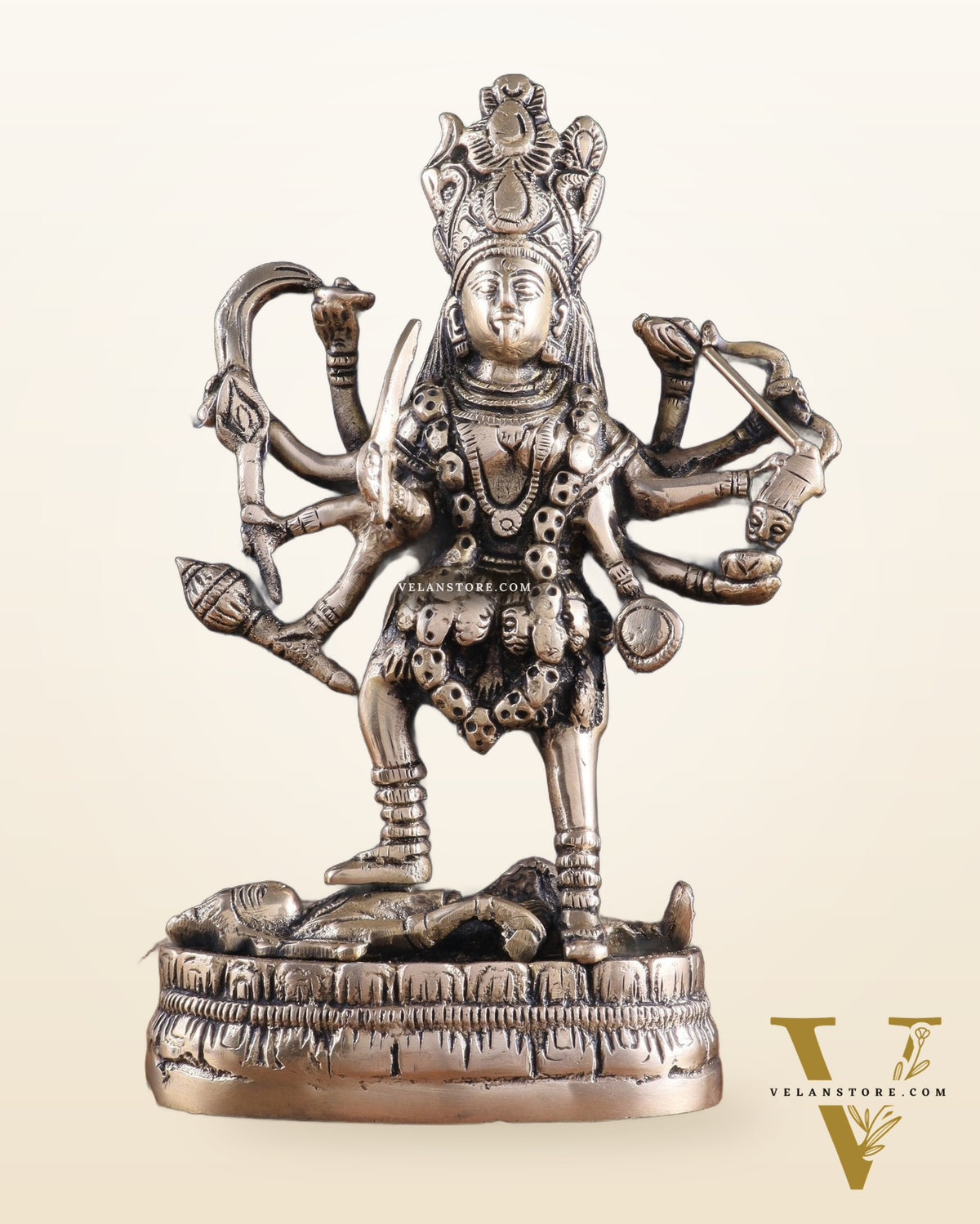 Brass Goddess Kali Statue with Four Arms – 9" x 6" x 3" | Powerful Divine Idol