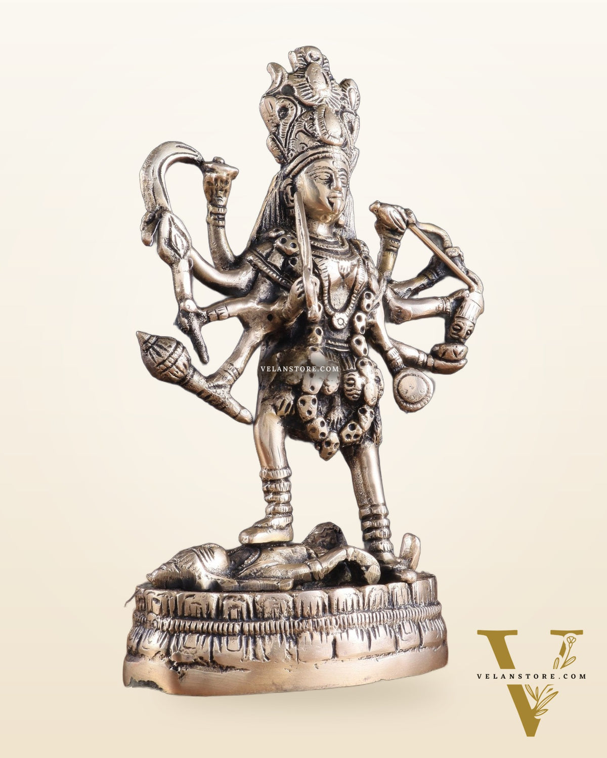 Brass Goddess Kali Statue with Four Arms – 9" x 6" x 3" | Powerful Divine Idol