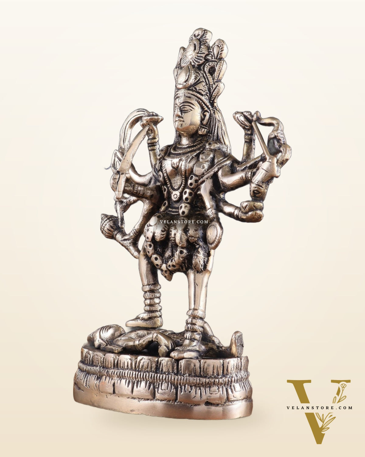 Brass Goddess Kali Statue with Four Arms – 9" x 6" x 3" | Powerful Divine Idol