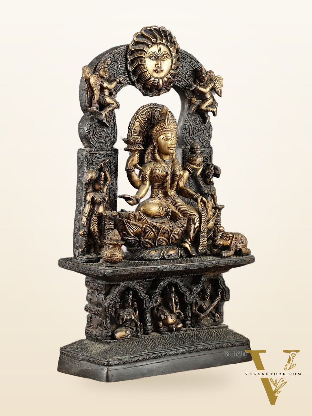 Brass Goddess Lakshmi Mata Statue – 20" Height, Antique Chola Style, Dual-Tone Finish