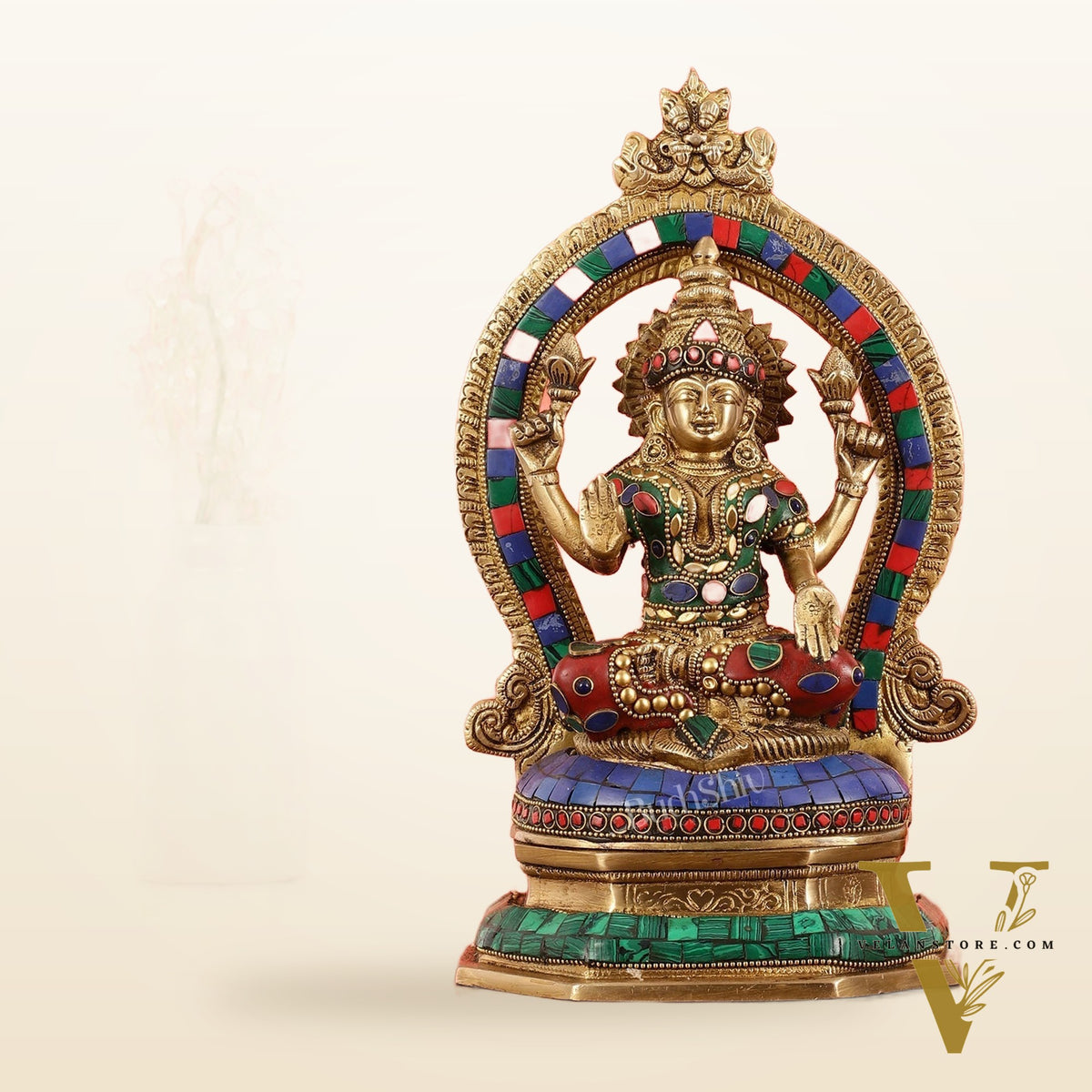 Brass Goddess Lakshmi Murti with Stonework Idol - 11.5 Inch
