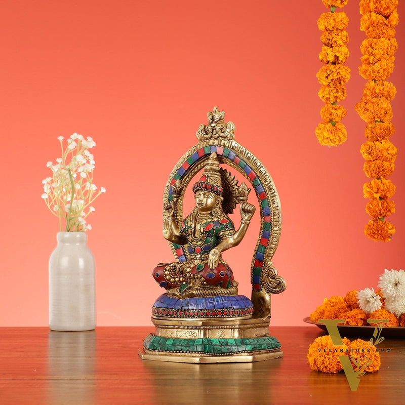 Brass Goddess Lakshmi Murti with Stonework Idol - 11.5 Inch