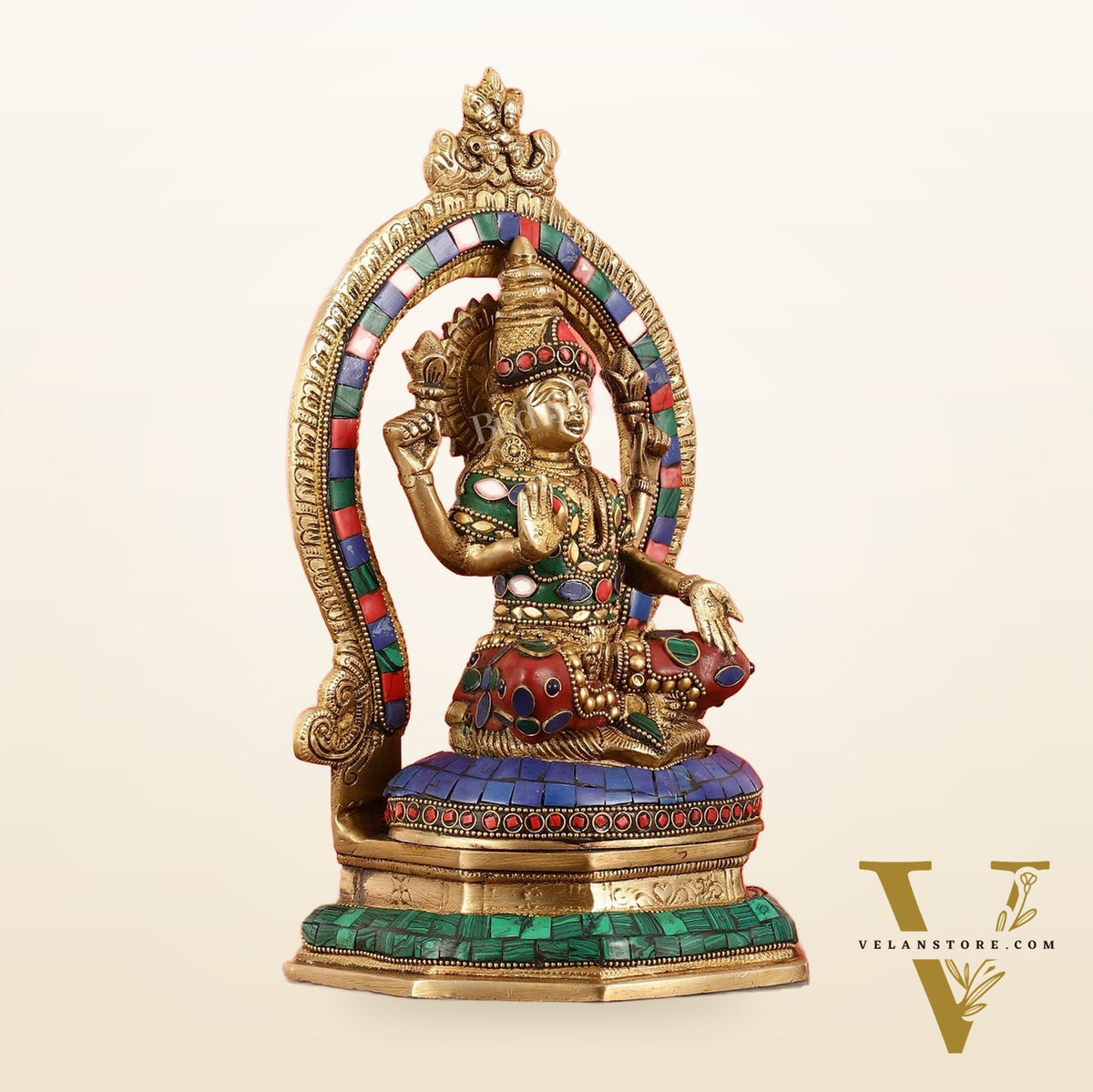 Brass Goddess Lakshmi Murti with Stonework Idol - 11.5 Inch