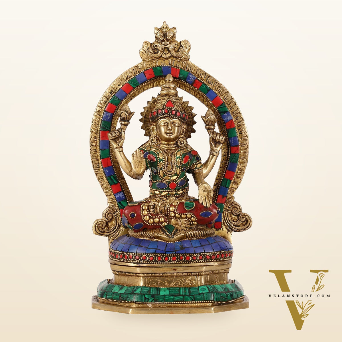 Brass Goddess Lakshmi Murti with Stonework Idol - 11.5 Inch