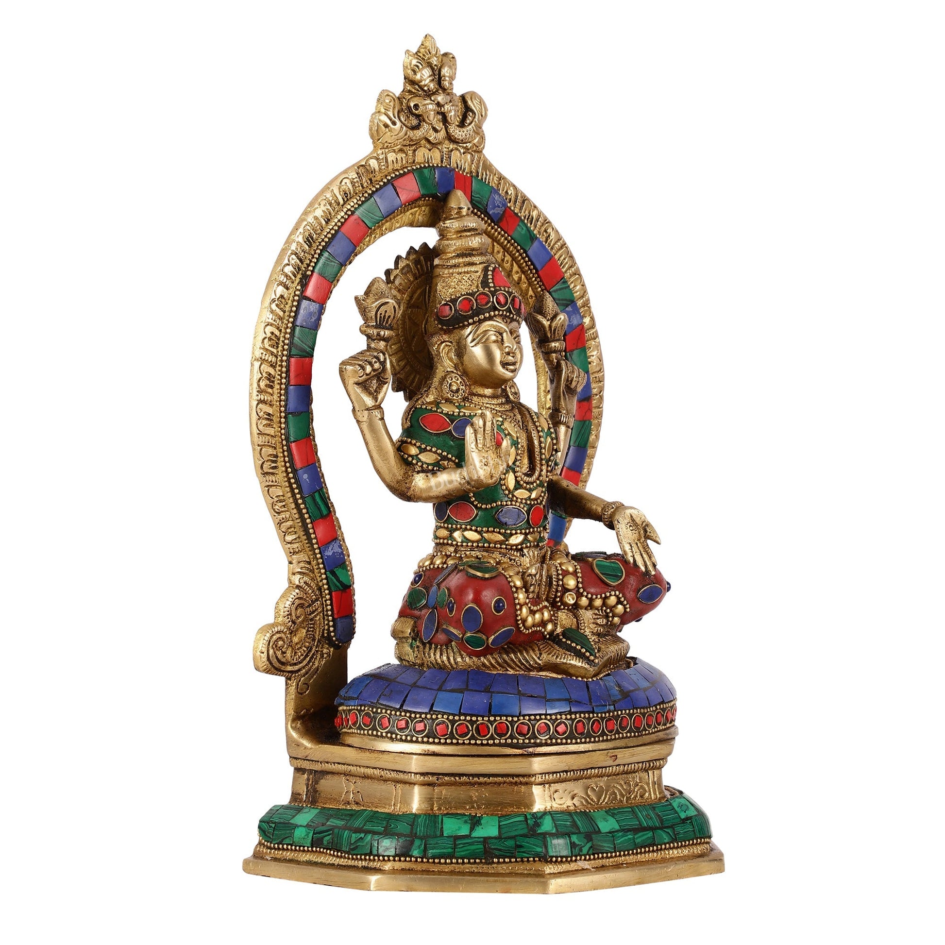 Brass Goddess Lakshmi Murti with Stonework Idol - 11.5 Inch