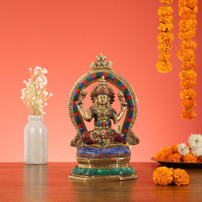 Brass Goddess Lakshmi Murti with Stonework Idol - 11.5 Inch