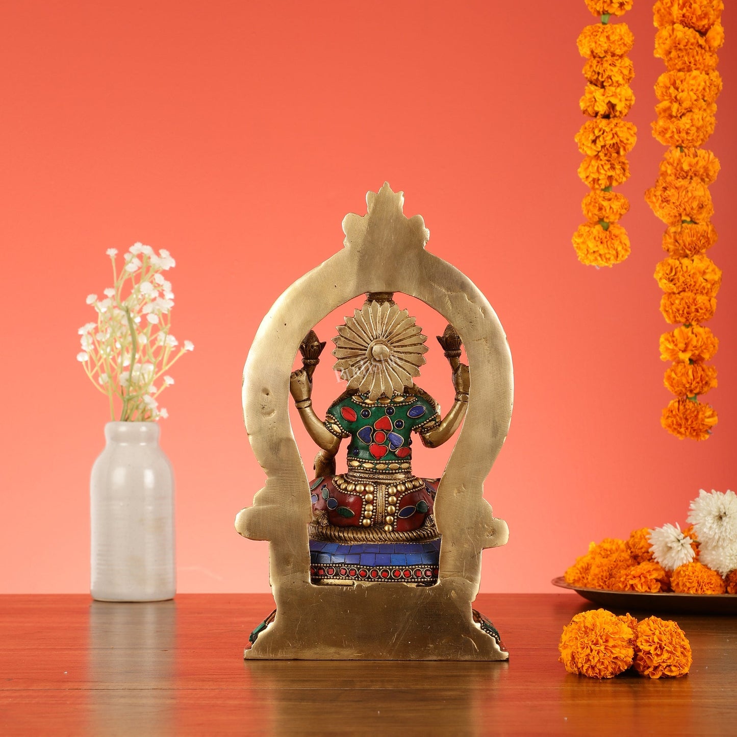 Brass Goddess Lakshmi Murti with Stonework Idol - 11.5 Inch