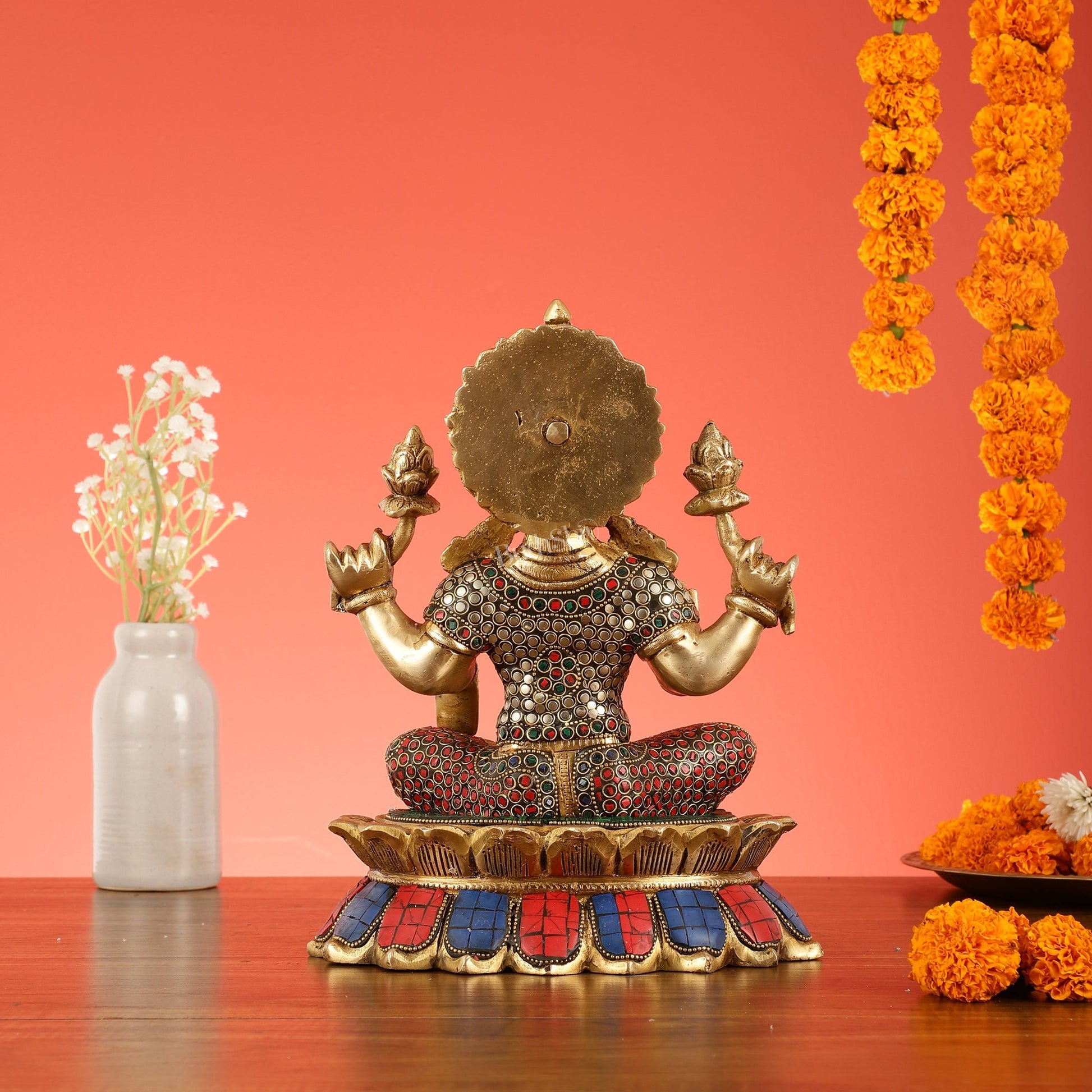 Brass Goddess Lakshmi on Lotus Idol - 11 Inch