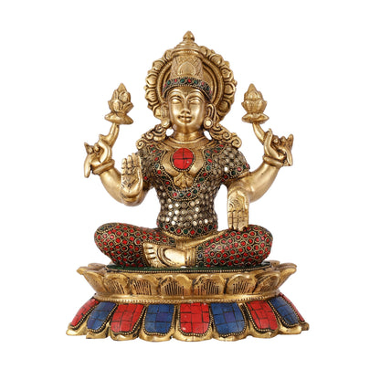 Brass Goddess Lakshmi on Lotus Idol - 11 Inch