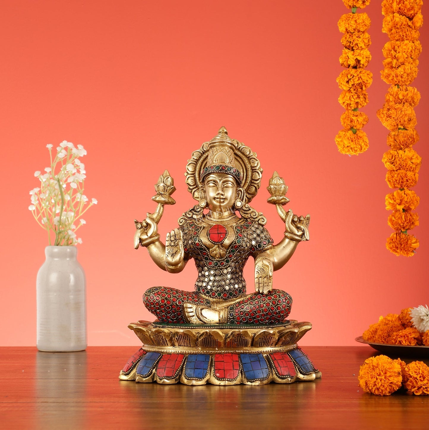 Brass Goddess Lakshmi on Lotus Idol - 11 Inch