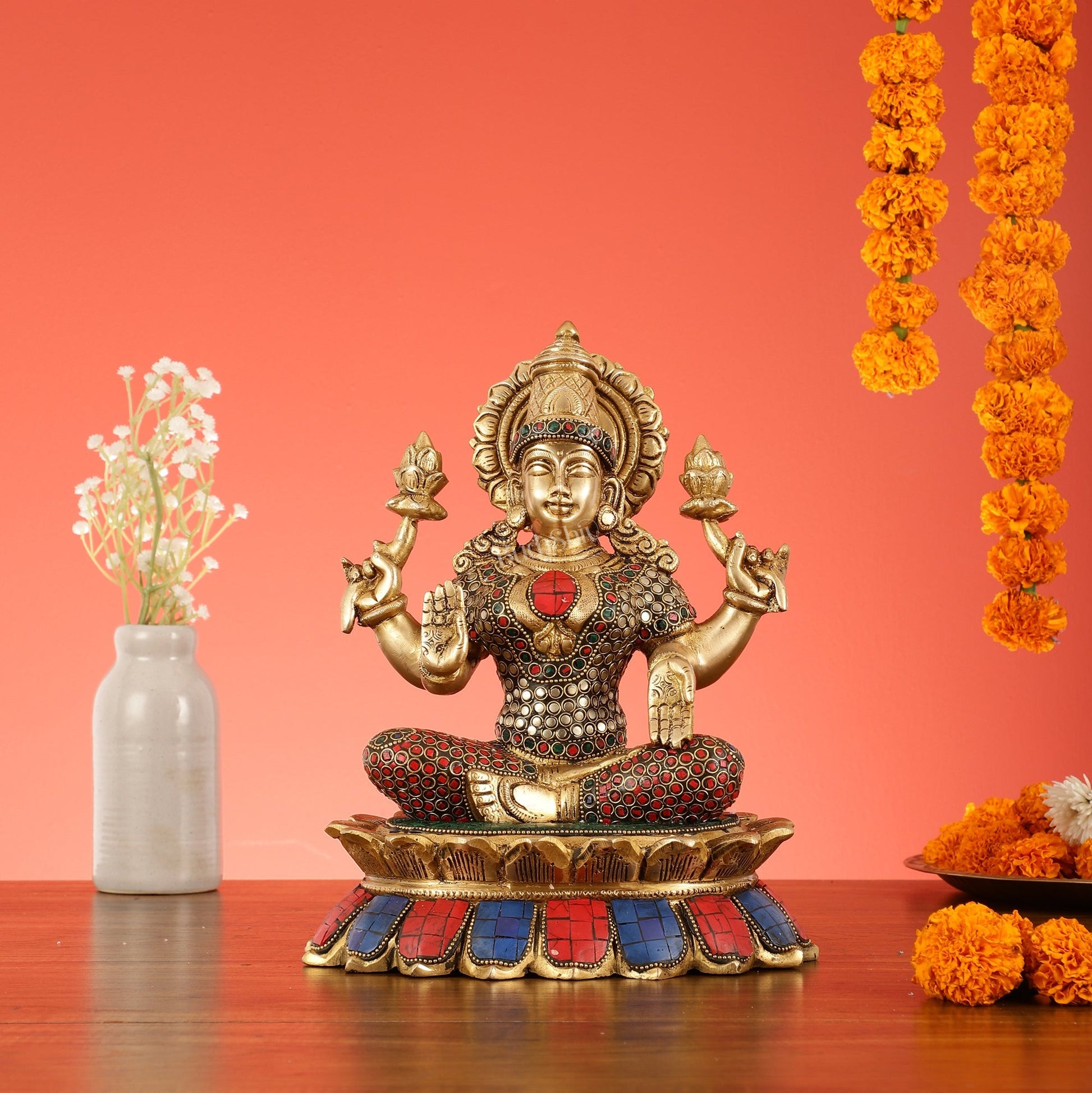 Brass Goddess Lakshmi on Lotus Idol - 11 Inch