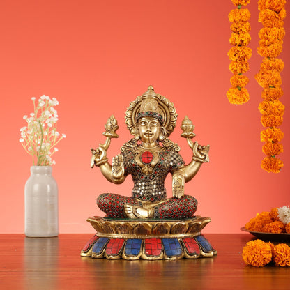 Brass Goddess Lakshmi on Lotus Idol - 11 Inch