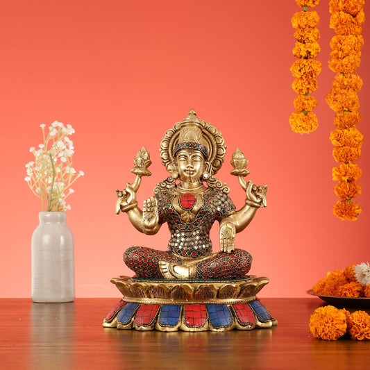 Brass Goddess Lakshmi on Lotus Idol - 11 Inch