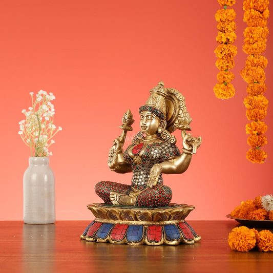 Brass Goddess Lakshmi on Lotus Idol - 11 Inch